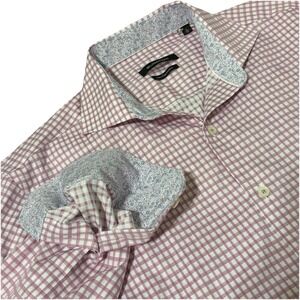 BUGATCHI Shirt Mens‎ 15/38 Super Fine Cotton Long Sleeve Pink White Plaid